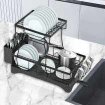 Dish Drying Rack, Majalis Stainless Steel Rustproof Dish Rack, with  Drainboard and Wine Glass Rack, Dish Drainers for Kitchen Counter(2 Tier,  Black)