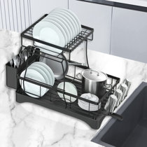 1pc Double-layer Black Dish Drying Rack With Removable Drainboard,  Stainless Steel 2-tier Large Capacity Storage Shelf, Suitable For Home,  Kitchen