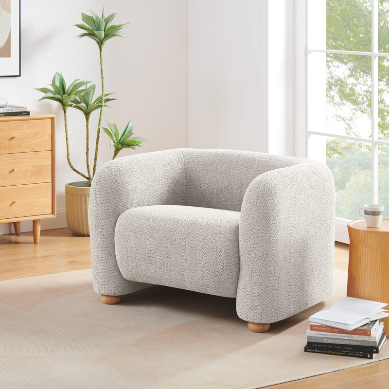 Oversized Reading Armchair , Modern Upholstered Accent Chair with Wood Legs, Camel Boucle