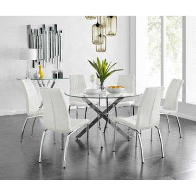 Tierra Sleek Metal and Glass Round Dining Table Set with 6 Faux Leather Upholstered Dining Chairs