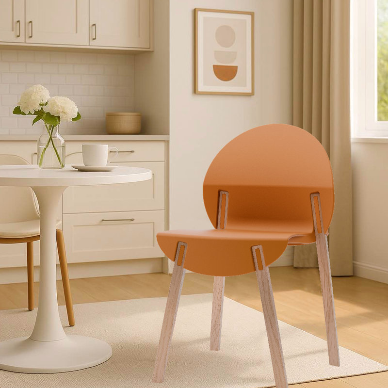 4 chaises d'intérieur tropicales orange avec des pieds en chêne rouge et un siège en polypropylène, une construction résistante aux égratignures, un grain de bois naturel massif, des joints renforcés pour un soutien lourd, des coussins souples de protection du sol,