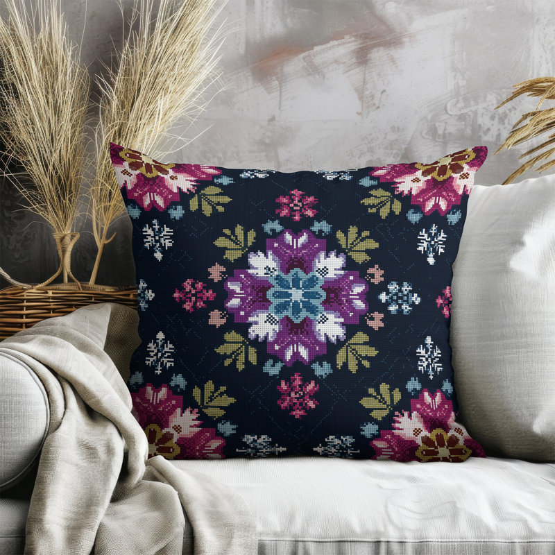 Heritage Folk Motif Indoor/Outdoor 16x16, Square 16", Navy/Plum