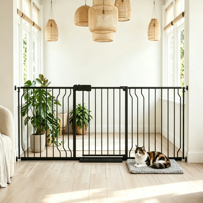 Barrière de sécurité extra large à fermeture automatique pour animaux de compagnie - fixée à la pression, réglable de 62,2 po à 71,7 po - noire pour portes / escaliers, résistante aux animaux de compagnie