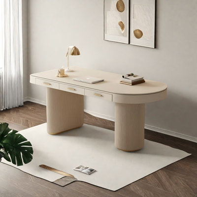 Bureau crème à demi-cercle droit, 3 tiroirs