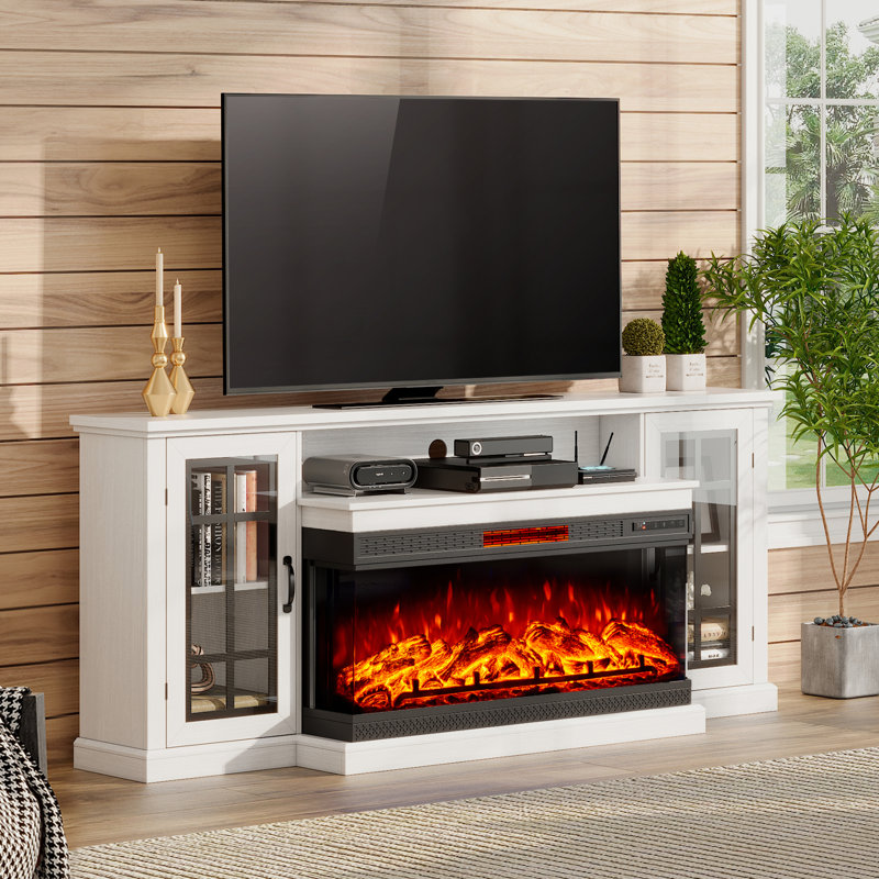 Alvilda 75" 3-Sided Glass Fireplace TV Stand, White, White, 75"