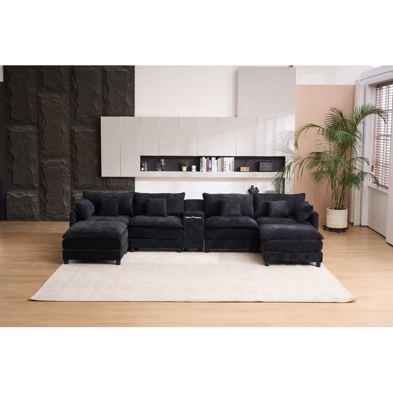 Canapé convertible en U 7 pièces avec console centrale et chargement USB 7 pièces Chenille, Black Chenille