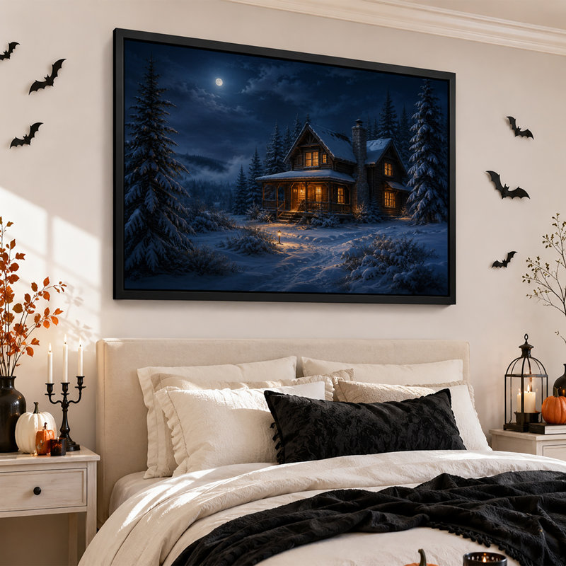 Cabane en bois rond enneigée aux fenêtres illuminées sous une toile murale d'Halloween, 24"H x 36"W