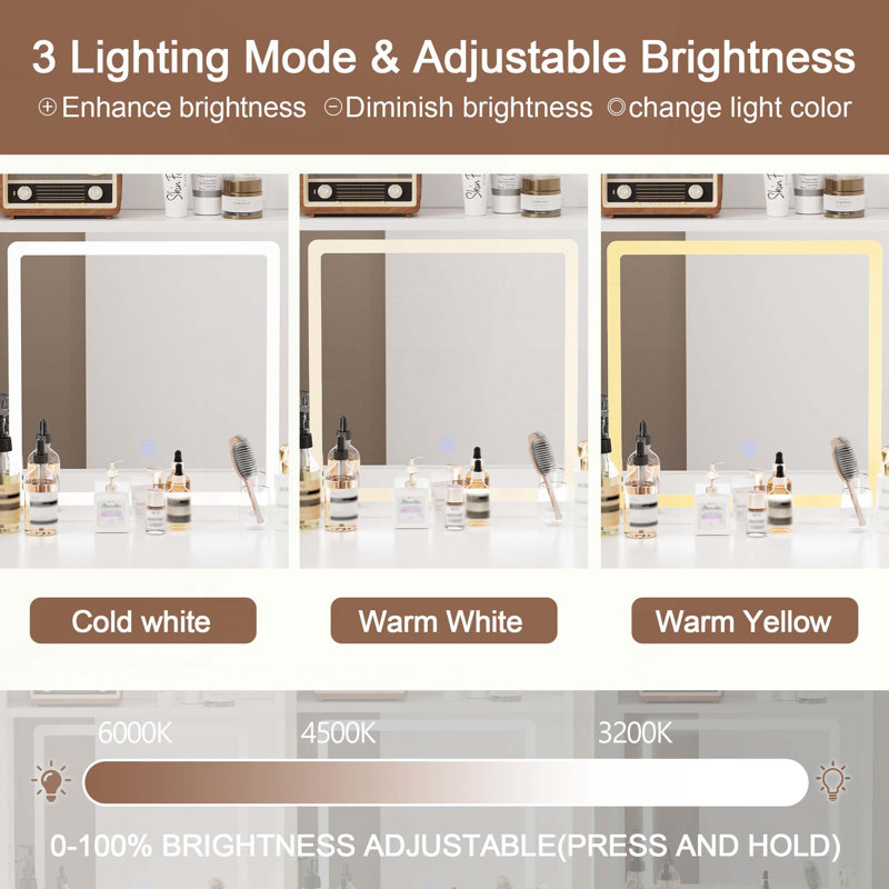 Vanity Table Set with 3 Adjustable Lighted Mirror and Storage Chair