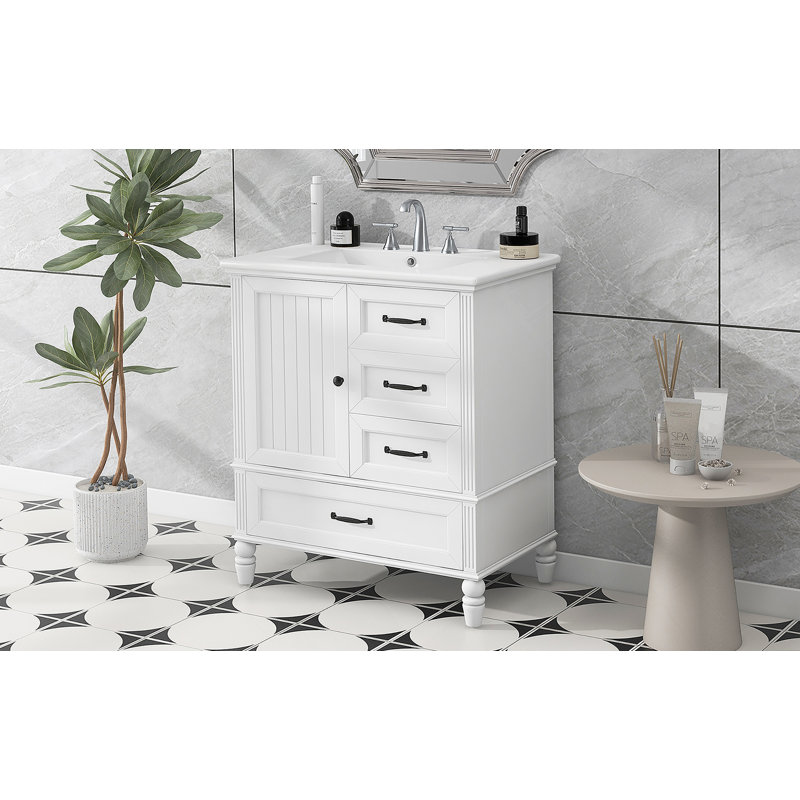 Meuble-lavabo de 30 po avec lavabo, armoire de salle de bain avec porte, trois tiroirs, pieds en bois massif et panneau de fibres à densité moyenne, patins réglables, blanc