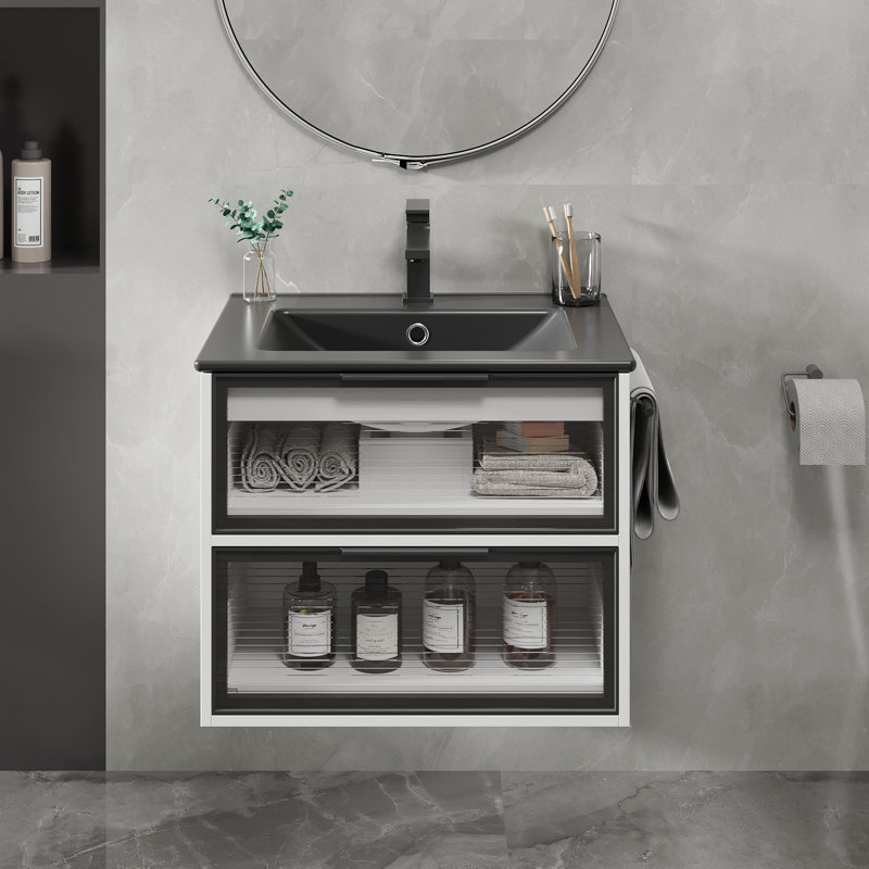 Lavabo de salle de bain rectangulaire en céramique 24 "avec trop-plein 24", Noir, noir, noir, noir