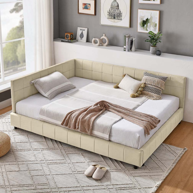 Velvet Daybed,Upholstered Tufted Bed Frame, Sofa Bed Frame with Comfortable Backrest and Armrests, Beige, Full