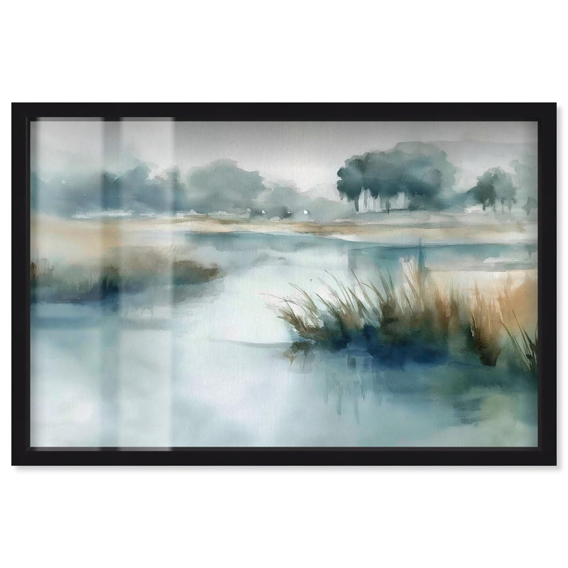 «Hazy River I Landscape Art Shadowbox Print» par Art Remedy, H 11 po x l 16 po, Noir