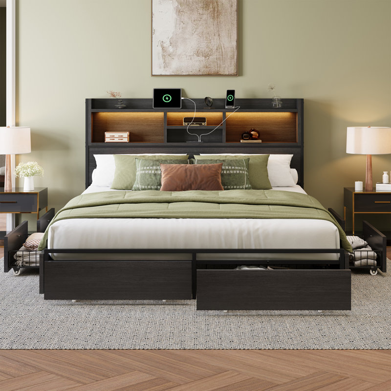 Queen Bed With 6 Storage Drawers & Headboard, Platform Bed With Led Lights & Charging Station, Black, Queen, Black