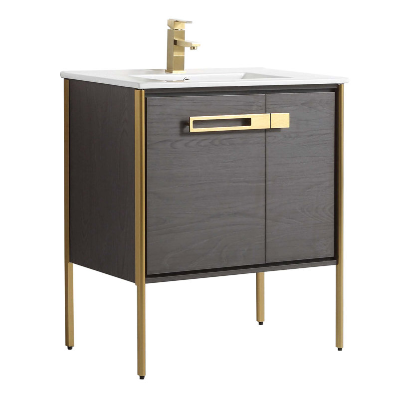 30" Single Bathroom Vanity, Black Coal Oak, Satin Brass