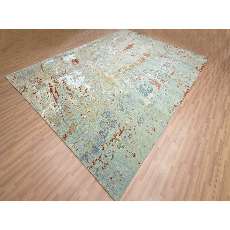 Tapis vert en laine noué à la main de conception abstraite 9 pi x 12 pi 3 po 83AAF62BA6F54B9DB05B59DECE5F4D85