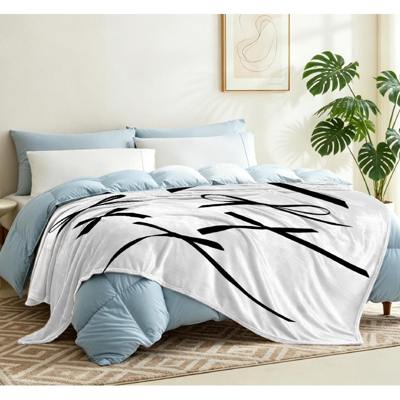 Jeté en molleton noir ultra doux en flanelle, impression de ruban blanc, Throw 50" x 60"