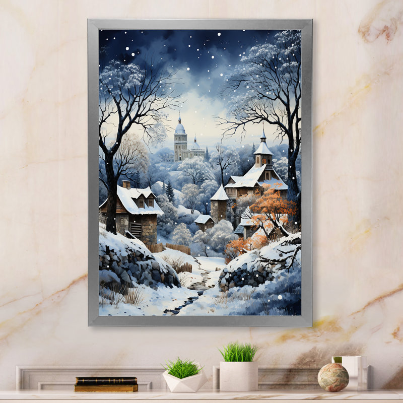 Harmonie du village d'hiver I - impression, Cadre simple argenté, H 32 po x l 16 po x P 1 po