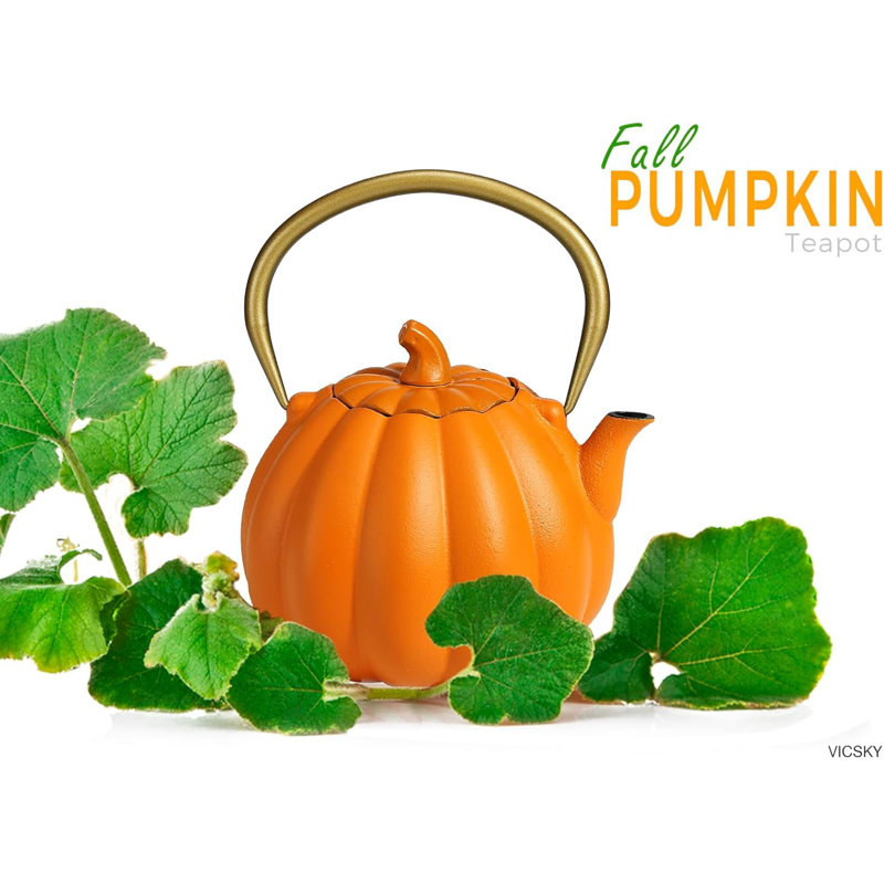 40oz Orange Pumpkin Cast Iron Teapot with Gold Handle