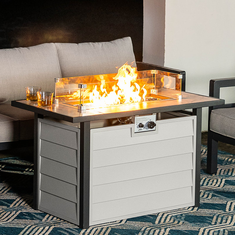43'' Outdoor Propane Gas Fire Pit Table With Marble Texture Glass Tabletop