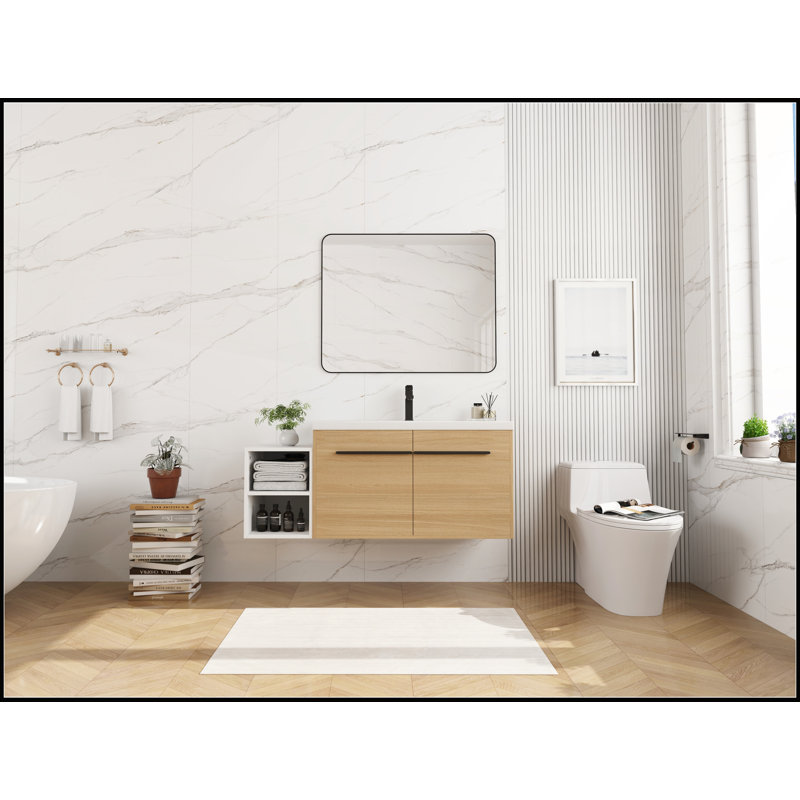 Meuble-lavabo mural 48 po avec comptoir en résine, tablettes de rangement et portes à fermeture douce pour salle de bain moderne