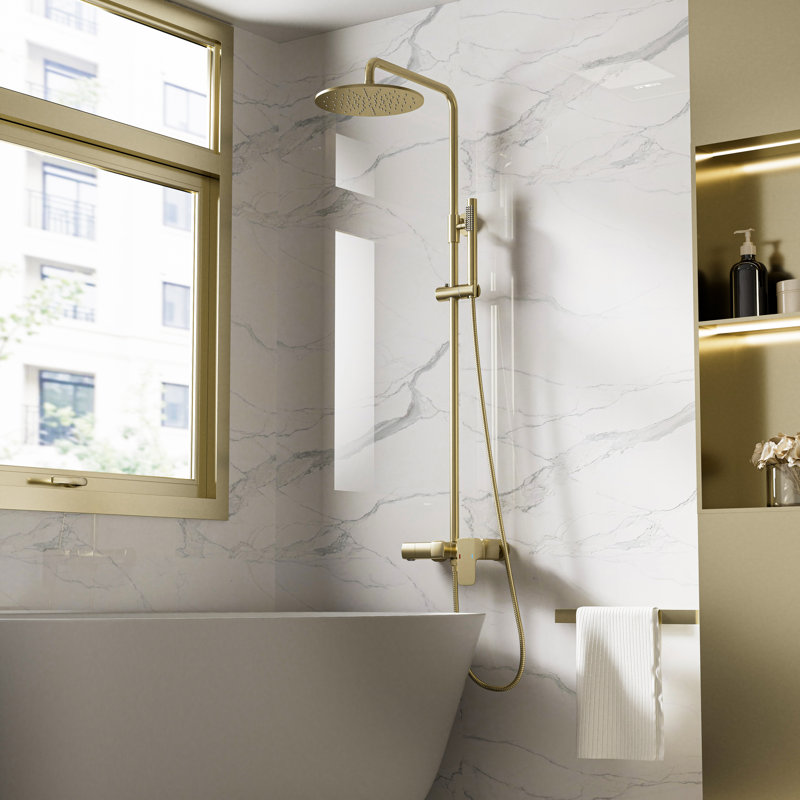 Luxurious Complete Shower System with Rough-in Valve Rain Showerhead, Brushed Gold