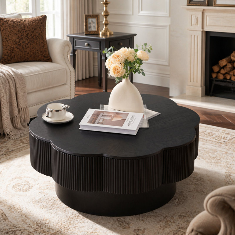 Table basse 31,50 "en forme de fleur moderne, table basse en forme de fleur de prunier avec rangement - placage, pour salon, appartement, bureau, assemblage facile