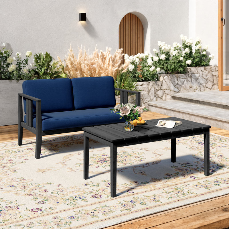 Polett Teak Outdoor Two-person Patio Set With Cushions And Coffee Table, Navy, Black