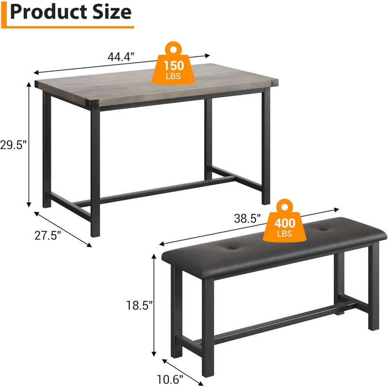 Ensemble de table de salle à manger de ferme 3 pièces pour 4 personnes, table de cuisine rectangulaire avec 2 bancs rembourrés, mobilier peu encombrant pour appartement et petits espaces, gris