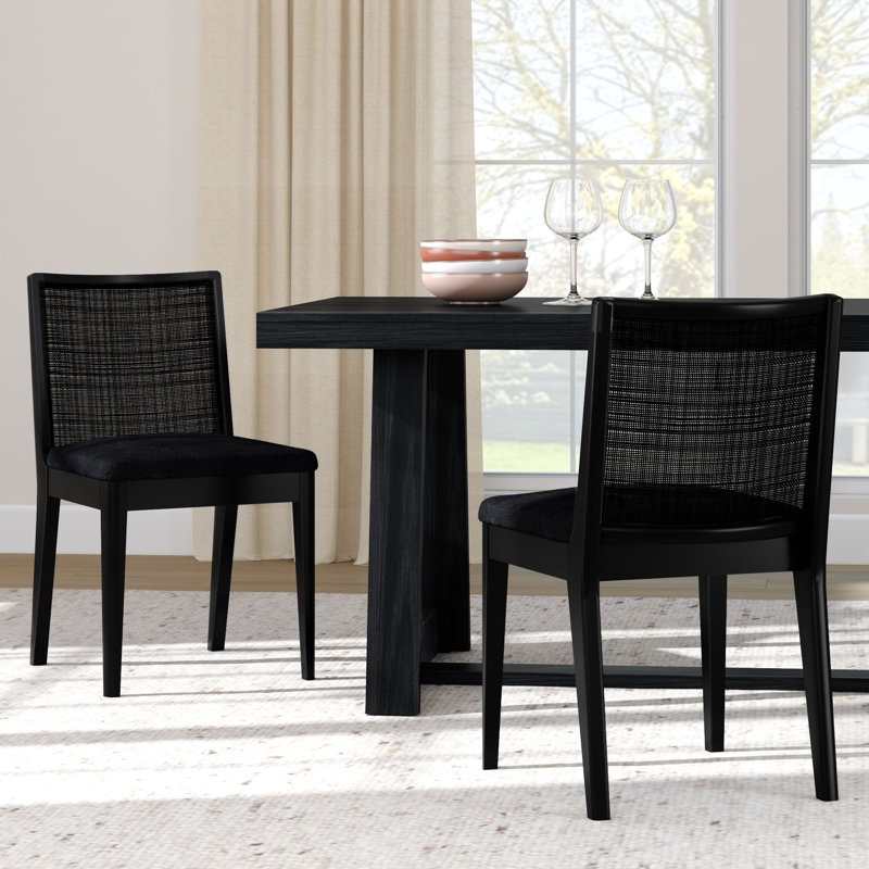 Elio Rattan Back Solid Wood Dining Chair (Set of 4), Black