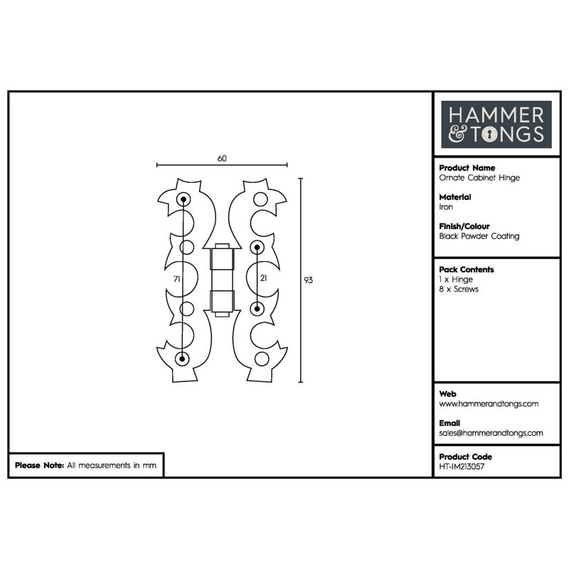 Hammer & Tongs - Ornate Cabinet Hinge - H95mm - Black