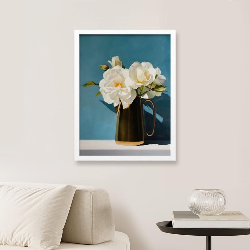 «White Flowers In Vase Wall Art Floral Botanical Prints Decor For Living Room, encadré sur papier», Blanc