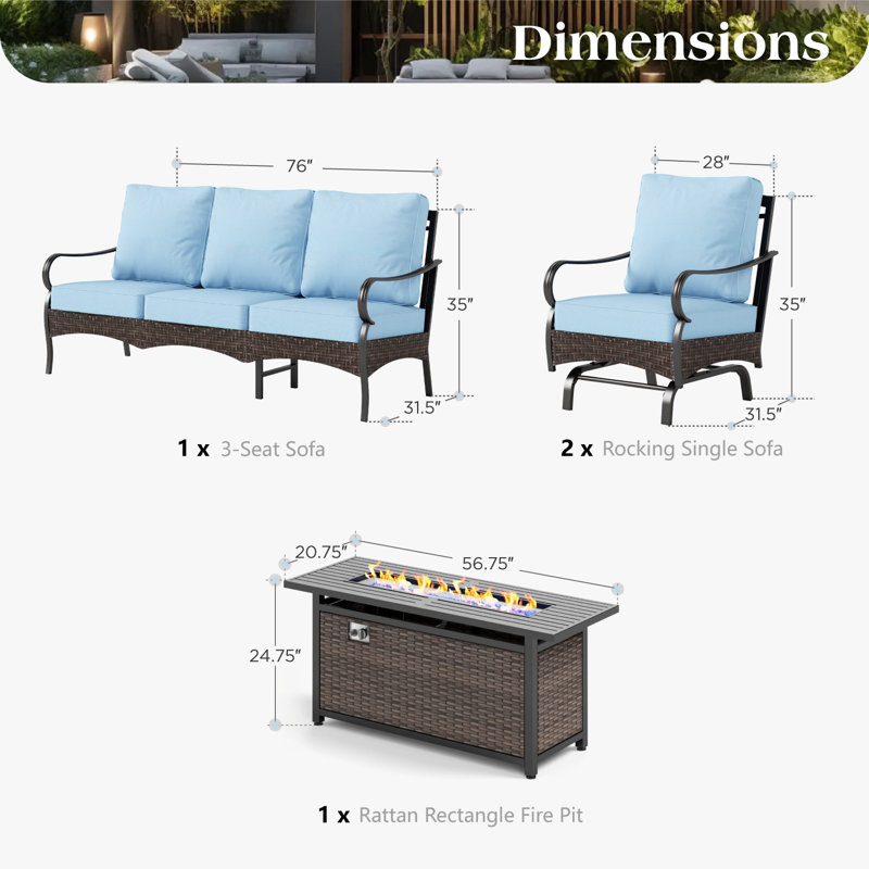 5 - Person Front Porch Furniture Sets With Fire Pit Table & Rocking Lounge Chairs, Blue