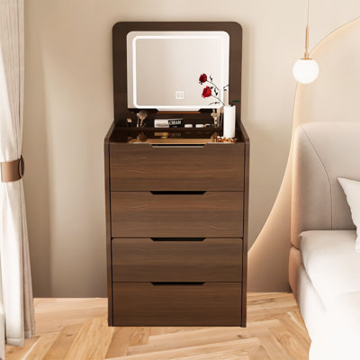Bureau de coiffeuse en noyer avec miroir rabattable et commode spacieuse avec rangement et tiroirs