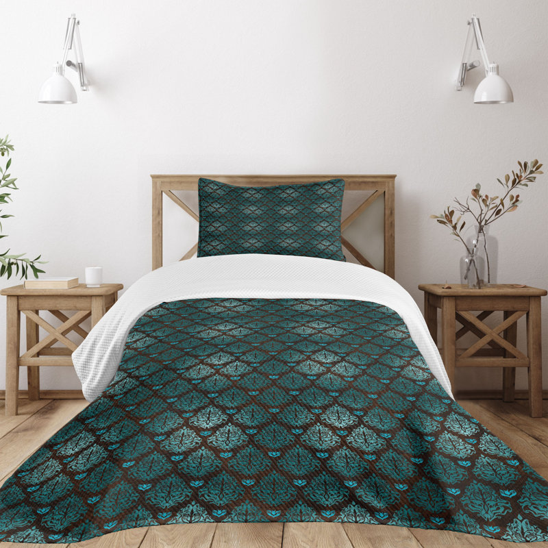 Teal and Brown Quilted Twin Bedspread Set with Pillow Sham