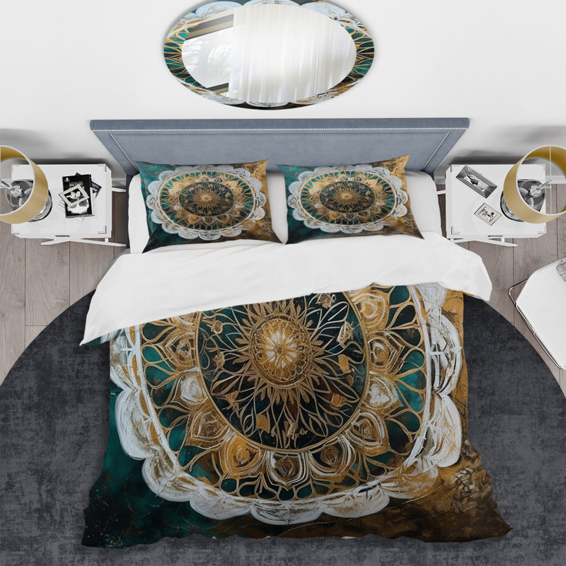 Ensemble de housse de couette en microfibre / polyester bleu sarcelle et or Mandala I Bedding
