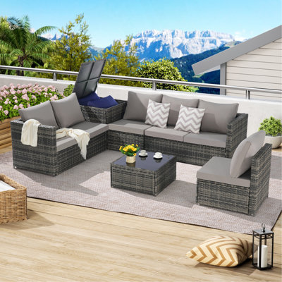 Ensemble de meubles de patio 6 pièces, ensemble modulaire en L tissé pour l'extérieur, ensemble de conversation en osier avec table d'angle et table en verre pour la piscine