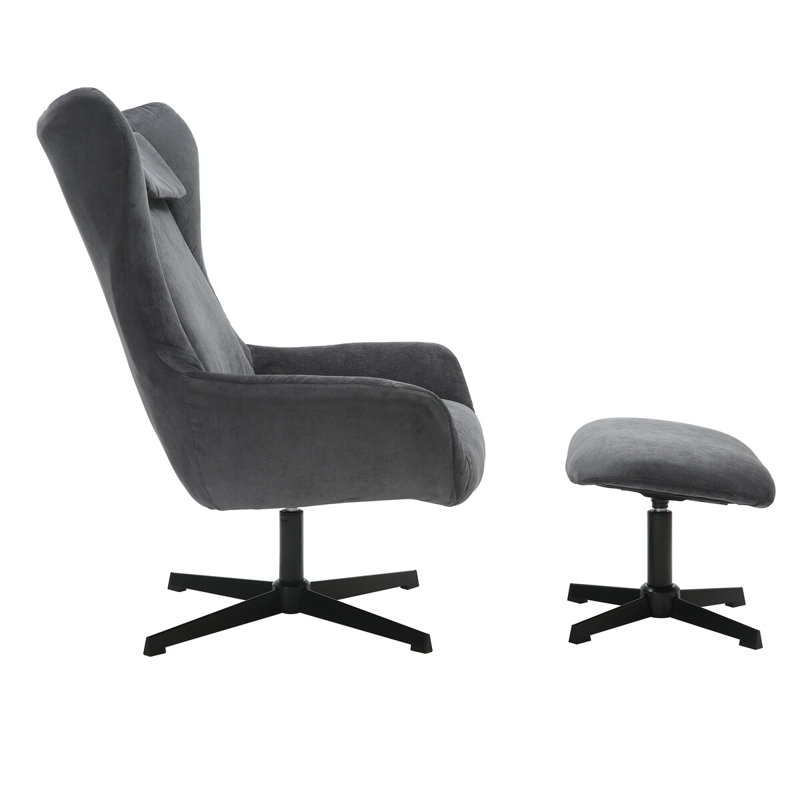 Tishkevich Upholstered Swivel Accent Chair with Footstool, Grey/Brown/Blue Corduroy