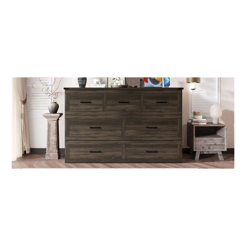 Armoire lit escamotable Murphy avec station de charge, lit plateforme pliable multifonctionnel avec 1 grand tiroir de rangement pour chambre d'amis, petite chambre