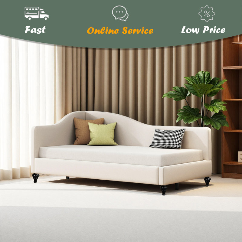 Lit de jour en L en forme de L, avec pieds en bois massif, Beige, Lit simple