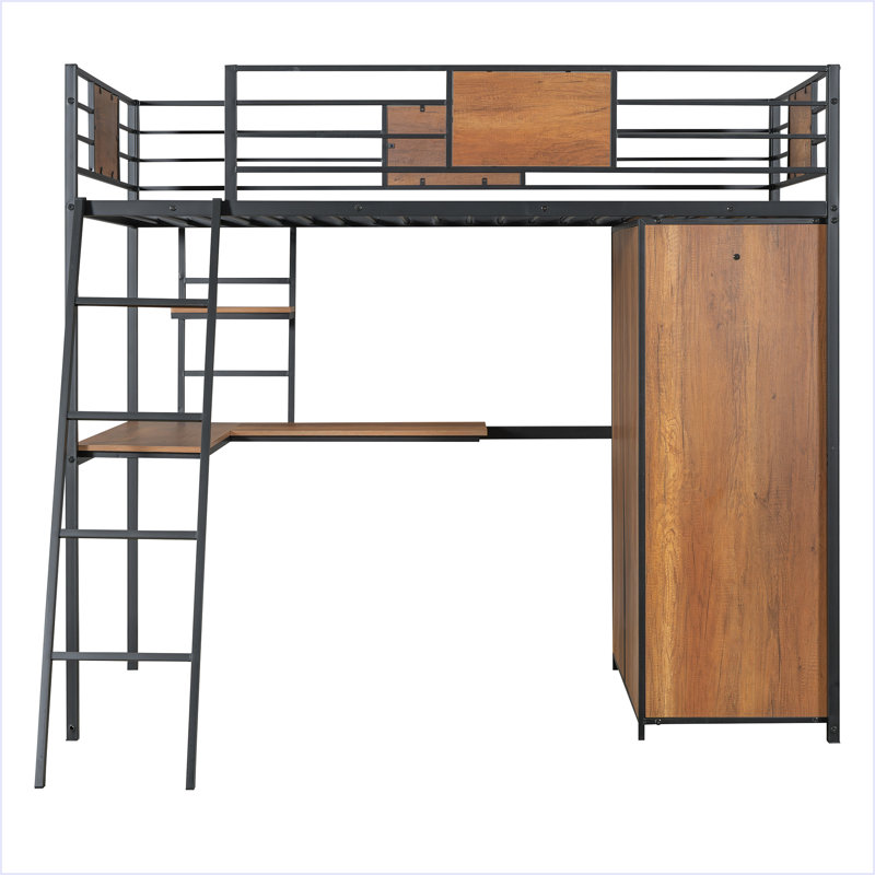 Win Size Loft Bed With L-Shape Desk And Wardrobe, Black