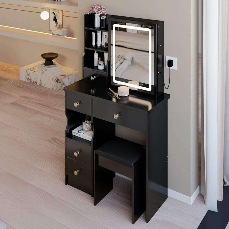 29.2" Small Size Left Drawer Desktop Vanity Table + Cushioned Stool, Large Sliding, Touch Control, Tri-Color Switching, Brightness Adjust LED Mirror, High Capacity Storage, Suitable For Small Space
