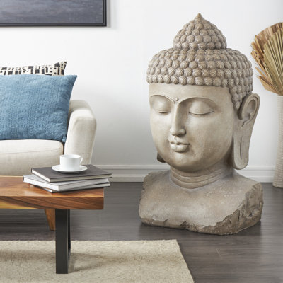 Grande sculpture dÃ©corative reprÃ©sentant le Bouddha Melchior, de couleur brune et mouchetÃ©e, avec socle texturÃ©