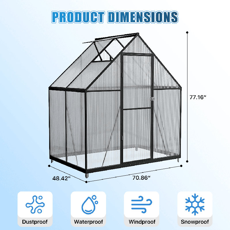 6' W X 4' D Polycarbonate Aluminum Frame Greenhouse Kit With Roof Vent, 6' W x 4' D