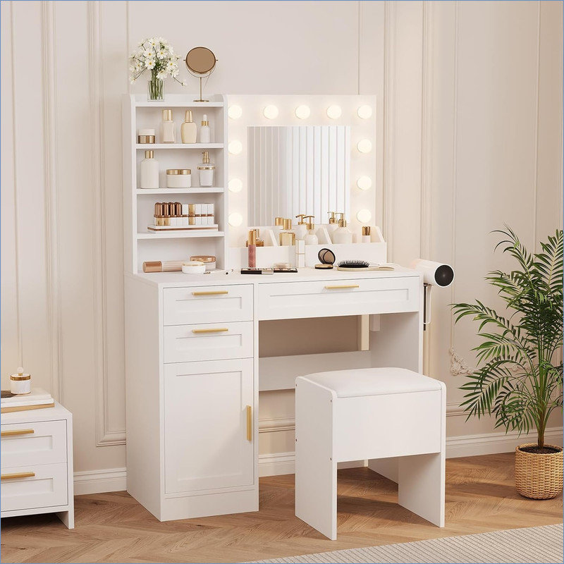 Vanity Desk with Mirror and Lights, Makeup Vanity Set with Drawers & Cabinet & Chair, 3 Light Mode and Brightness Adjusted & Power Outlet, Dressing Table with Hairdryer Holder for Bedroom