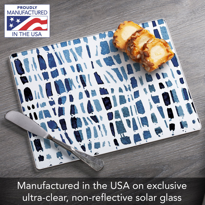 Indigo Wavy Lines Tempered Glass Cutting Board 10" x 8"