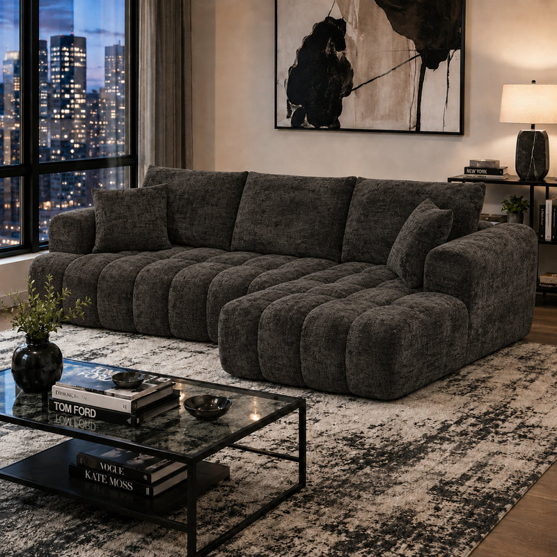 Canapé modulaire rembourré en L 3 pièces avec deux coussins Classic, Chenille brun, Orienté à droite
