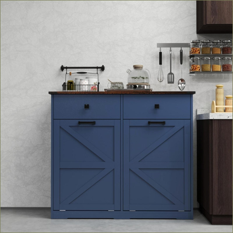 Trash Cabinet, Farmhouse Antique Blue Tilt-Out for 2x10 Gallon Bins with 2 Drawers, Free Standing Storage for Kitchen Laundry | Blue | Farmhouse