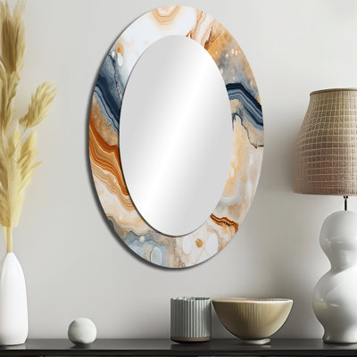 Géode de pierre minimalisme bleue et orange - Paysages, miroir décoratif ovale sur métal