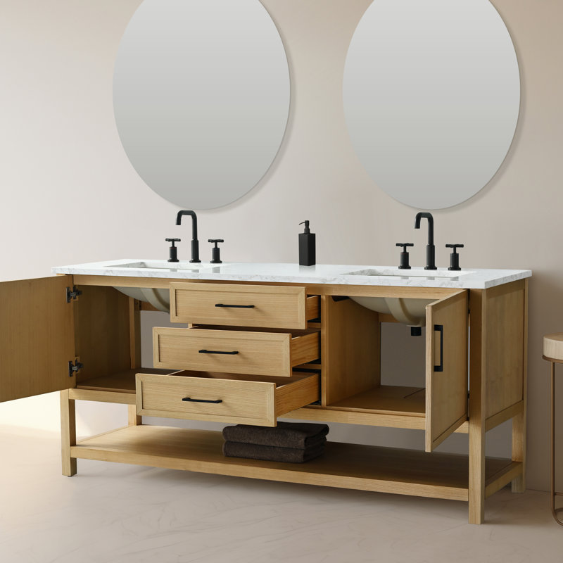 Meuble-lavabo double 72 po avec plateau en pierre reconstituée Stratford, Chêne clair