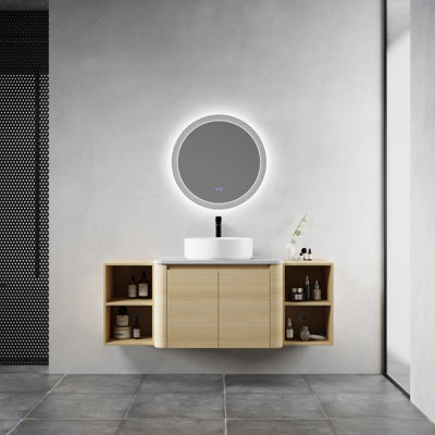 Meuble-lavabo mural 54 po avec lavabo d'art en céramique et 2 tablettes de rangement, 2 portes à fermeture douce, emballage KD, contreplaqué